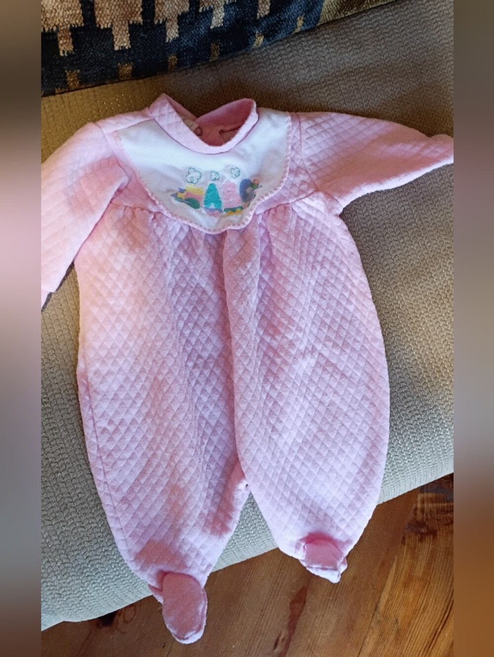 Vintage 90s Y2K Pink Quilted Baby Footed Sleeper with Alphabet Train Bib Detail